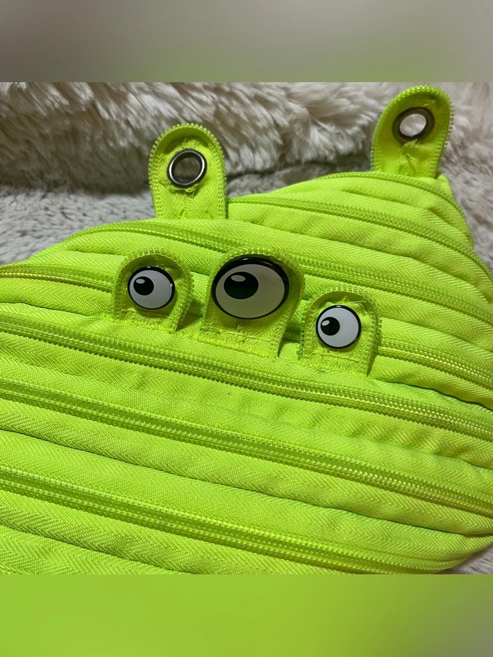 Bright Neon Green Monster Pencil Case with Playful Eye Accents 02-13